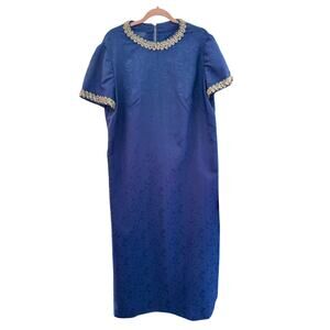 Vintage 60’s Navy Blue Embossed Silver Sequin Ric Rack Maxi Dress Med Large Boho